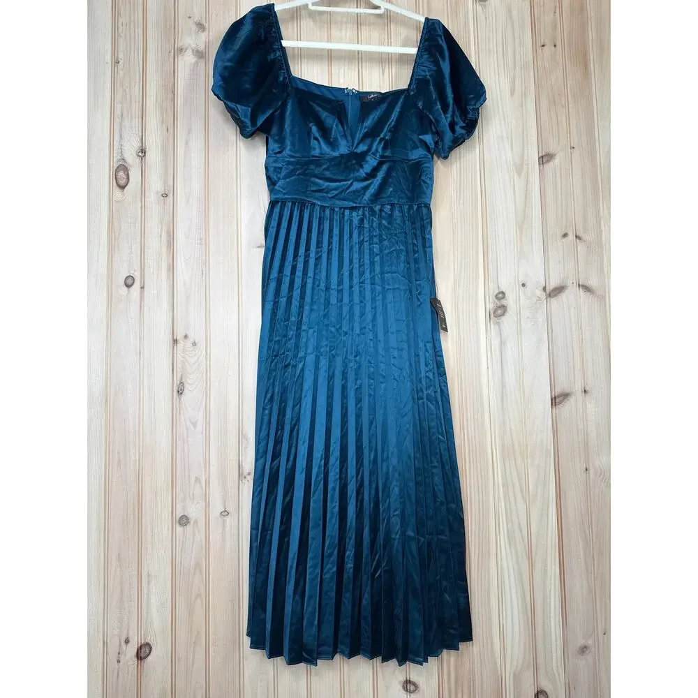 NWT Lulus Flawless Forever Teal Satin Pleated Midi Dress Bridesmaid Gala Size M